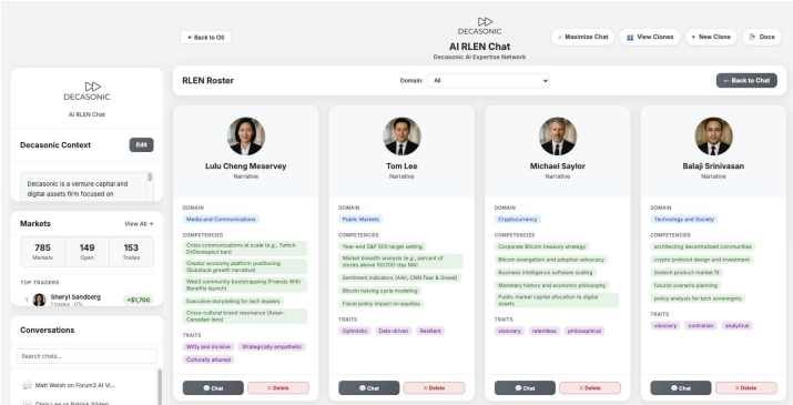 Decasonic AI RLEN Chat roster showing four AI expert persona cards with domains, competencies, and traits, alongside company context and conversations.